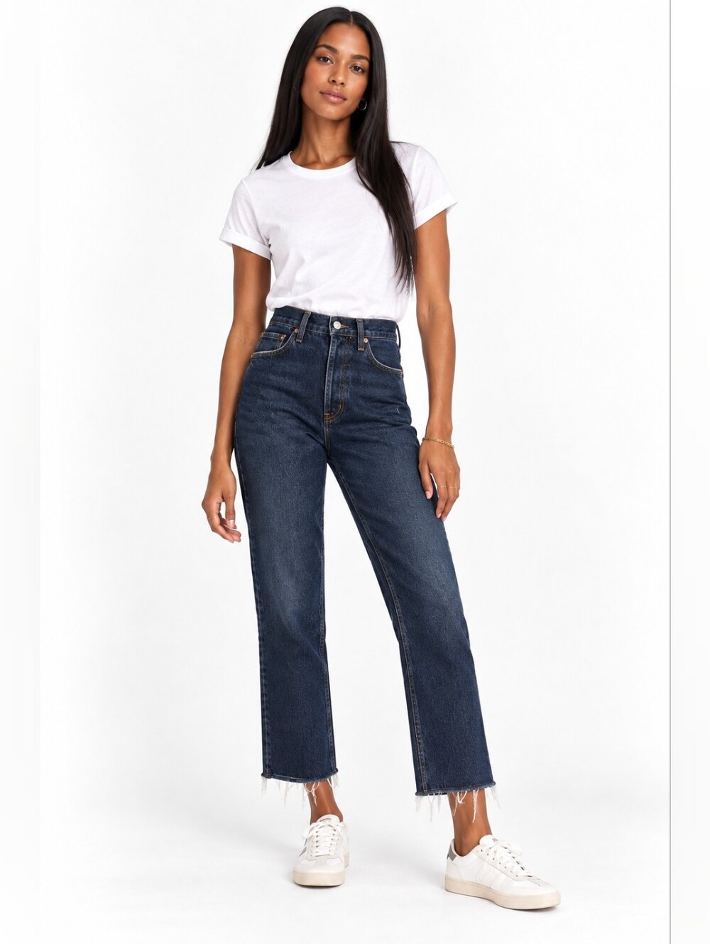RE/DONE Dark Rinse High Rise Raw Hem Straight Leg Jeans Size 25